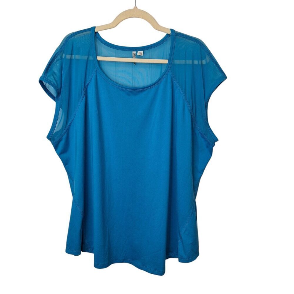 CATO Est 1946 Womens 26/28W Mesh Shoulder Pullover Top Blue Cap Sleeve Stretch